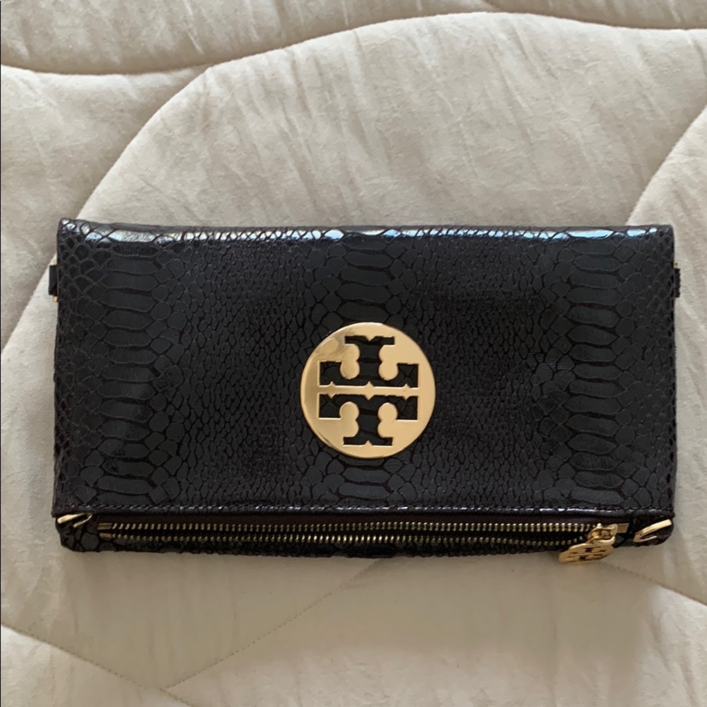 Tory Burch Wine and Gold Clutch with Textured Finish